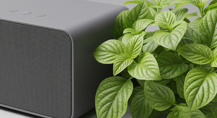 Contemporary grey audio speaker unit juxtaposed with a thriving green plant, representing a harmonious blend of technology and nature in a minimalist setting