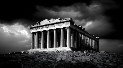 Obraz premium A dramatic black and white depiction of the Parthenon, showcasing its grandeur against a stormy sky.