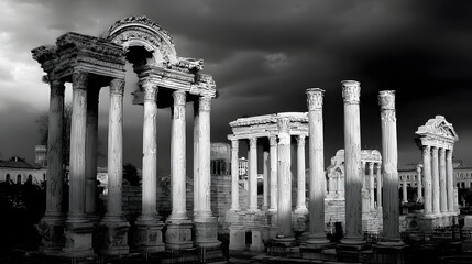 Fototapeta premium A dramatic grayscale view of ancient ruins, featuring weathered columns and arches under a brooding sky.