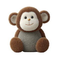 Fluffy brown monkey plush toy with a white face and gray belly sits centrally