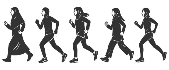 Set cartoon silhouette muslim women engaging fitness and athletic activities. Bundle female wearing hijab doing running activity. Flat vector illustrations arabic girl promoting healthy lifestyle.