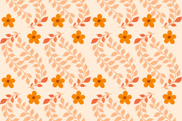 Seamless floral pattern with orange blossoms and flowing leafy vines on a beige background, perfect for fabric, wallpaper, and elegant decorative design projects.