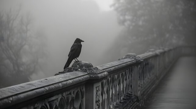 A solitary crow perched atop a weathered bridge railing in a thick fog. - Powered by Adobe