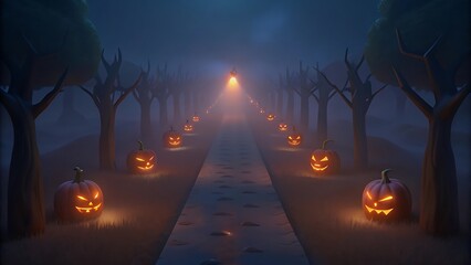 A spooky Halloween path lined with glowing jackolanterns and bare trees on a foggy night.