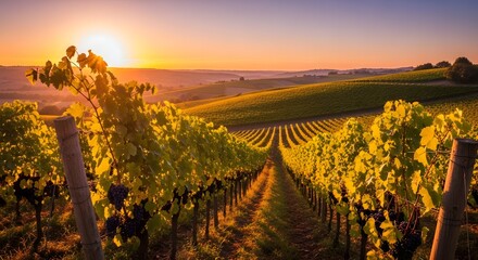 Fototapeta premium Vineyard at Sunset Rows of Vines under a Golden Sky, Napa Valley landscape