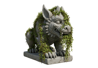 A weathered stone guardian figure, adorned with vibrant greenery, commands attention against a stark black backdrop.
