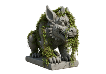 A weathered stone guardian figure, adorned with vibrant greenery, commands attention against a stark black backdrop.
