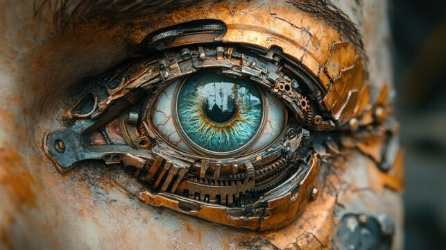 Close-up of a stylized eye, mechanical parts integrated into skin, futuristic, steampunk aesthetic