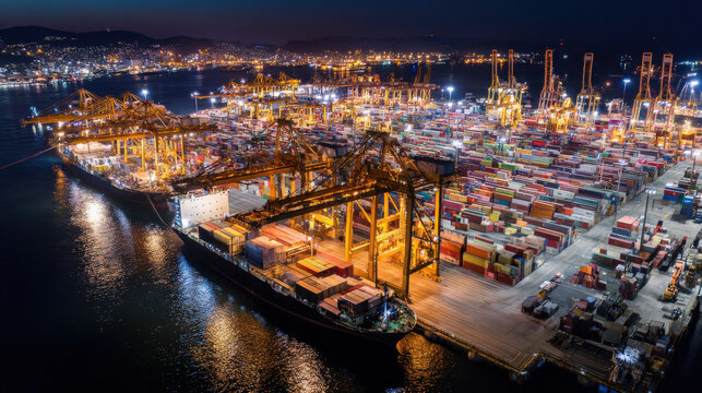 floodlit port at night with containers reflecting water cinematic long exposure illustration concept scene visual for commercial design use high detail quality stock image illustration concept scene