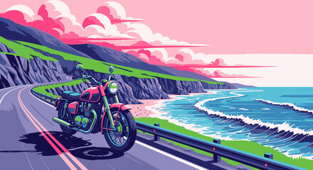 Fototapeta premium Vibrant illustration of a motorcycle parked on a scenic coastal highway with rolling hills and ocean waves.