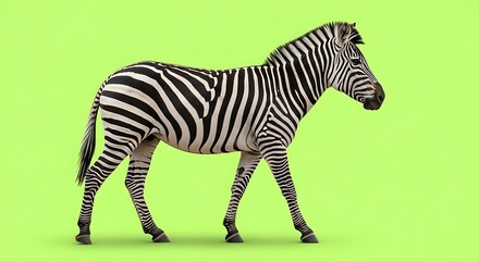 Fototapeta premium Side view of a zebra walking against a bright green background.