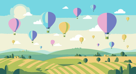 A vibrant vector illustration of colorful hot air balloons floating over a scenic landscape of rolling green hills and fields under a sunny sky.