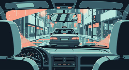 View from the driver's seat of a car following a taxi on a wet city street, depicted in a modern illustrative style. © Narash