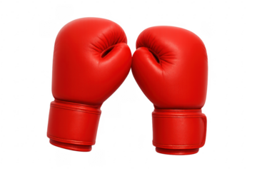 Pair of red boxing gloves facing each other on transparent background