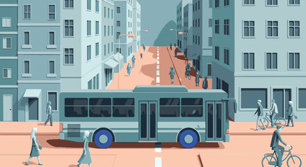 An illustration of a city bus on a street surrounded by tall buildings, with pedestrians walking and a cyclist riding by.