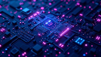 Obraz premium Illuminated Circuit Board Close-up with Pink and Blue Lights