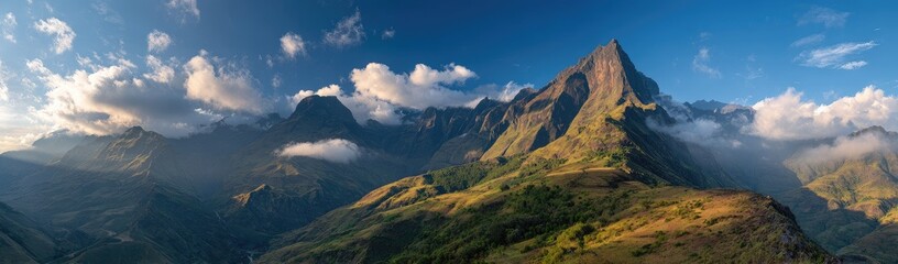 Panoramic mountain vista with dramatic clouds