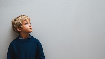 Innocence of Childhood: Curious Boy in Blue Sweater Looking Up in Thoughtful Indoor Portrait
