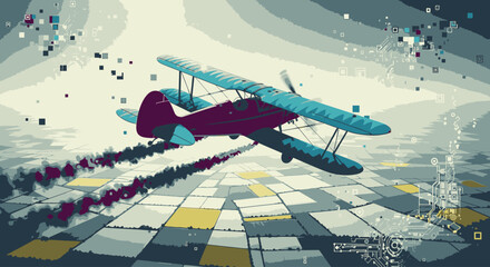 A stylized digital illustration of a vintage biplane flying low over patchwork fields, leaving a trail of dark, pixelated smoke. © Narash