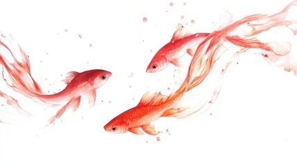 Three orange koi fish swim in flowing, watercolor-like trails against a white background.