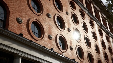 A sunlit facade of a historic building showcases a symmetrical arrangement of round windows set within a reddish-brown brick wall.