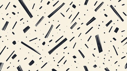 Abstract seamless pattern with dark brush strokes and dots on a light beige background.