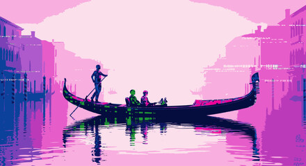 A vibrant digital illustration of a gondola ride in Venice, featuring silhouetted figures against a dreamy pink and purple cityscape. © Narash
