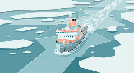 A stylized illustration of a powerful icebreaker ship forging a path through a frozen arctic ocean. © Narash
