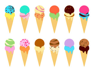 アイスクリーム　コーン　アイス　イラスト　セット（ バニラ　オレンジ　チョコレート　抹茶　ストロベリー　ミント　レモン　コーヒー）