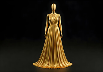 Luxurious Golden Mannequin Dressed in an Elegant Gown Against a Dark Background