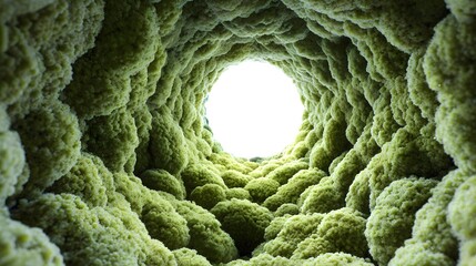A deep tunnel or cave, filled with light-green, bulbous formations, leading to a bright center.
