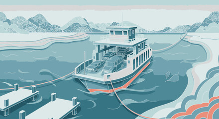 A stylized illustration of a car ferry boat docked at a pier, set against a backdrop of serene mountains and water.