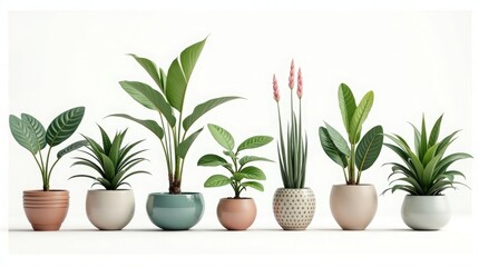 Fototapeta premium Diverse green potted plants arranged in a row houseplants