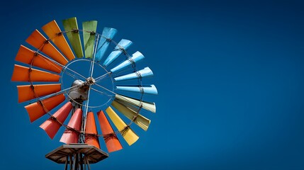 A colorful windmill with vibrant rainbow-hued vanes against a clear, deep blue sky.
