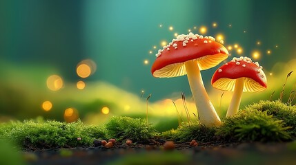 Group of realistic orange mushrooms with white spots on caps growing in green moss on isolated background for fantasy forest concept with copy space.