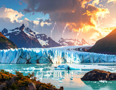 Dramatic landscape of a massive glacier in a lake surrounded by snow-capped mountains under a vibrant sky, overlaid with a financial data graph.