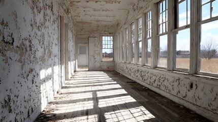 Sun-drenched shadows paint a desolate hallway within a decaying, weathered building, revealing the vast expanse beyond.