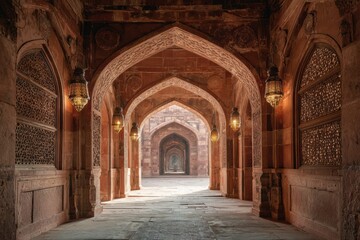 Obraz premium Archways of an ancient monument illuminated by ornate lanterns i