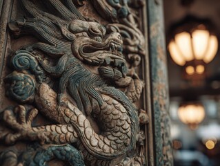 Intricate wooden dragon carving showcases craftsmanship at histo