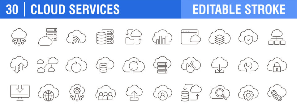 Collection of cloud services icon. Computing, settings, programs, databases. Vector design template, signs, symbols, editable stroke.