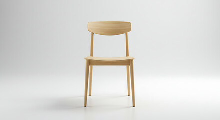 A simple light wood dining chair with a curved backrest and slender legs front view.