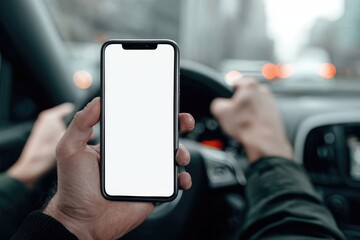 Hands holding a blank smartphone in a car
