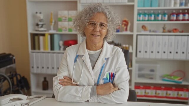 Woman with grey hair wearing glasses and lab coat, arms crossed in a clinic office, conveys professionalism and warmth.