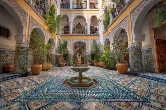 Beautiful courtyard with intricate tile work and a central fount