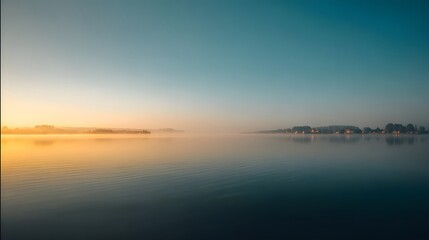 Naklejka premium Tranquil sunrise over a still lake, showcasing a hazy shoreline with a tranquil mood.