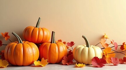 Orange and white pumpkins with autumn leaves gourds