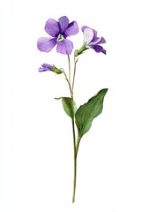 Purple flower with delicate leaves on white background