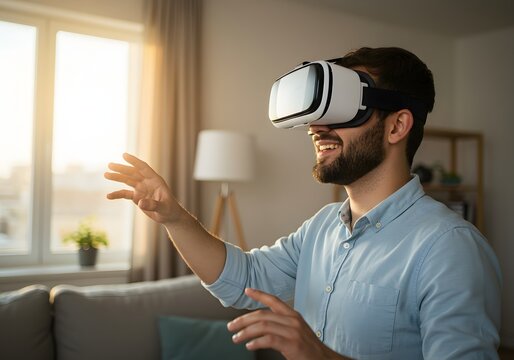 Happy young man with vr headset touching virtual stuff or pushing button on display while sitting in office - Powered by Adobe