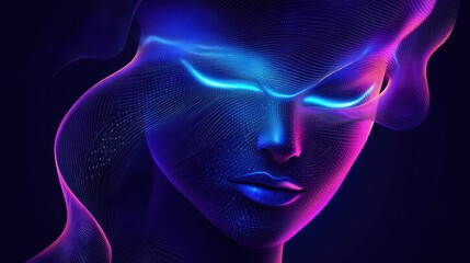 Abstract female face with neon glow, digital art.