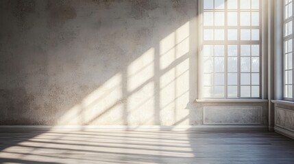 Sunlit empty room with textured wall and large window.